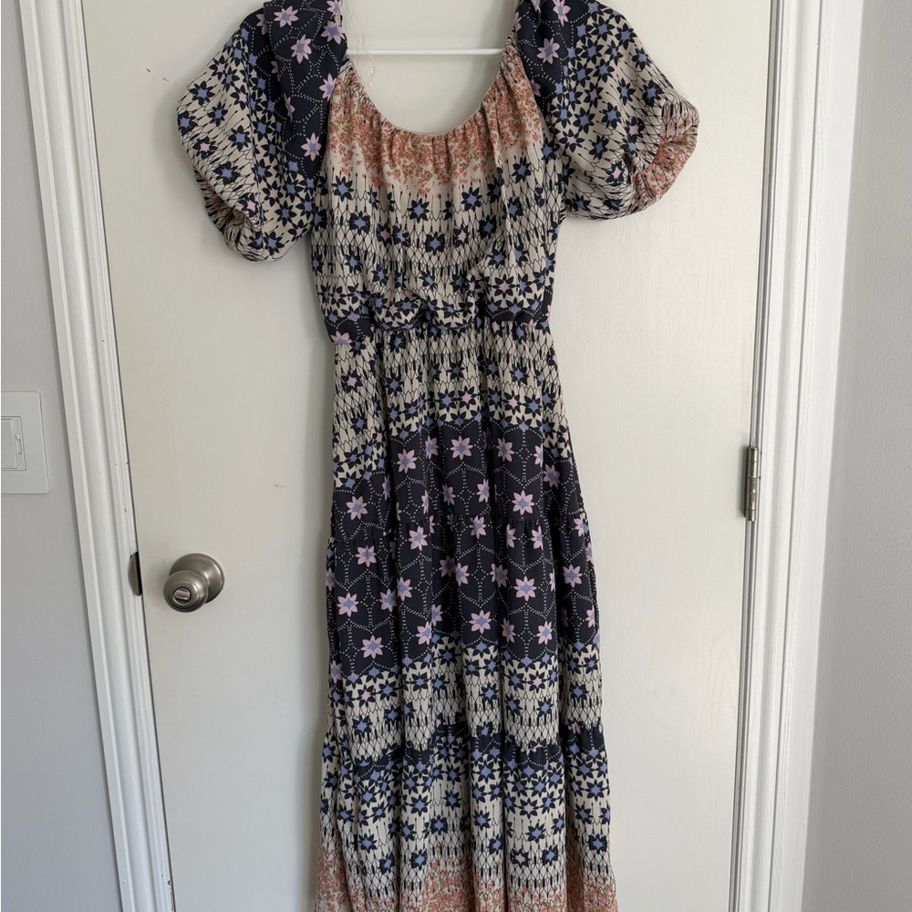 Dex Navy and Lavender Floral Midi Dress